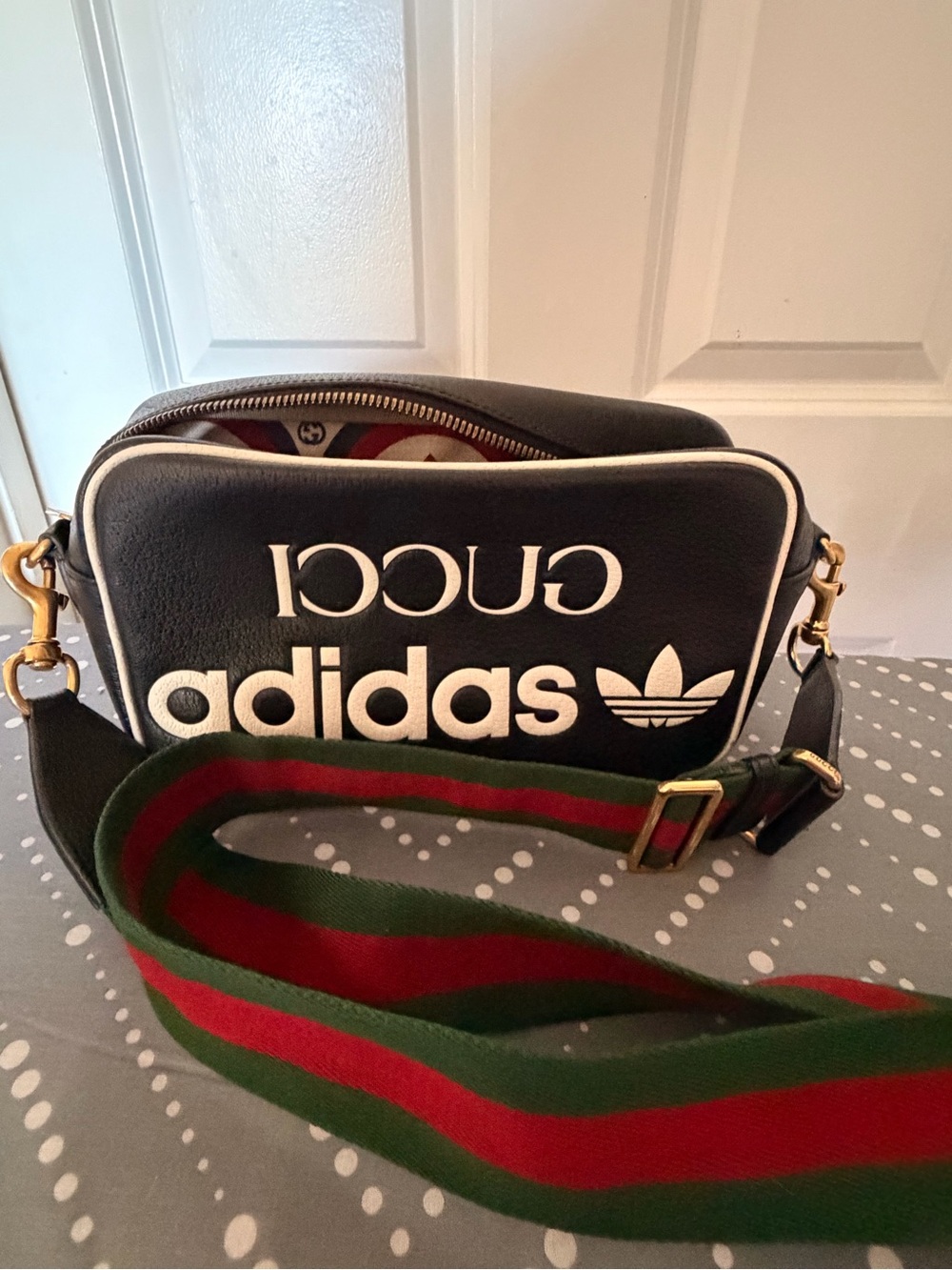 Black Gucci adidas Logo Crossbody Messenger Bag with Green-Red Strap